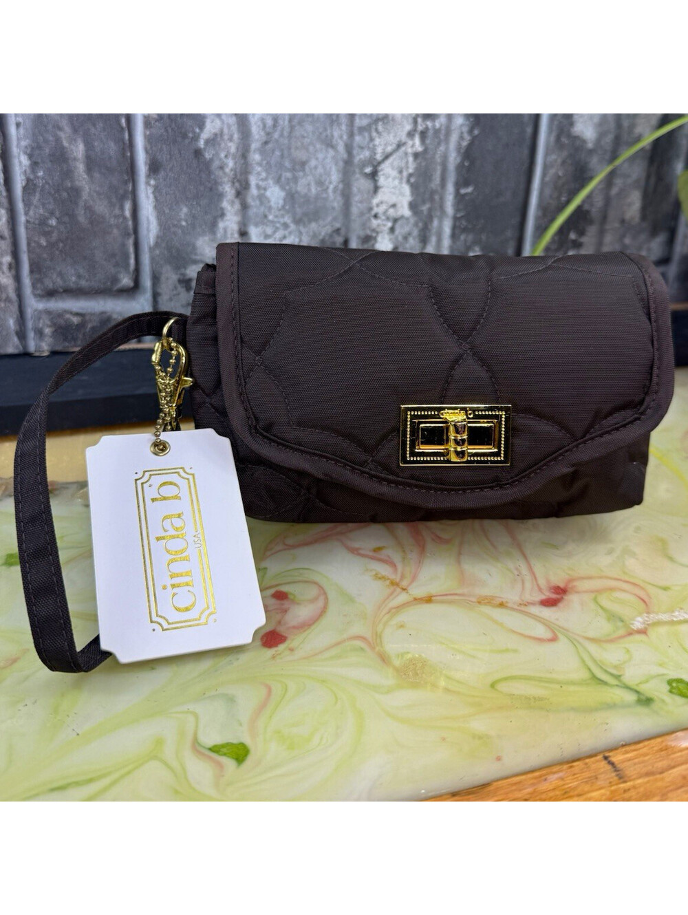 Cinda B Brown Quilted Wristlet Turn Lock w/ Gold-Tone Hardware Zip Pocket
